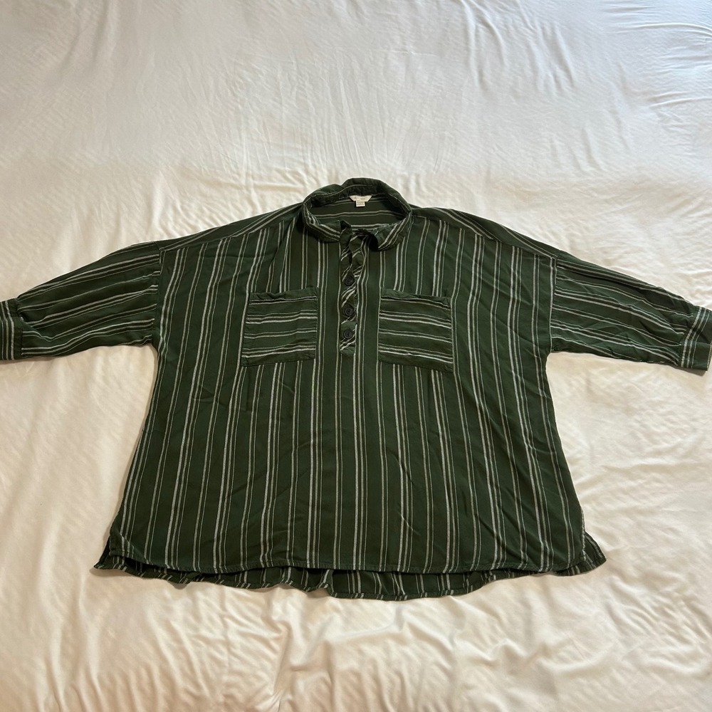 Est 1946 Womens 22/24W Green Striped Rayon Henley Popover Blouse Top 3/4 Slv